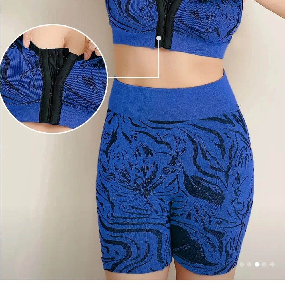 Callie Lives COMPRESSION ACTIVEWEAR Yellow Blue Bike Shorts High-Waist Bra Set - Picture 8 of 10